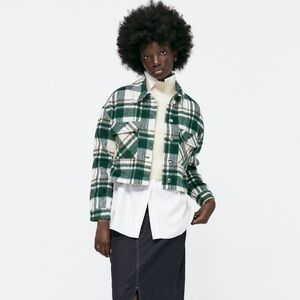 Zara Cropped Plaid Jacket in Green and White